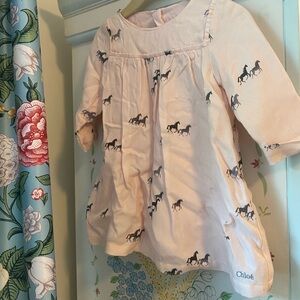 Chloè 12M dress beautiful soft lined long sleeve peachy pink with brown horses